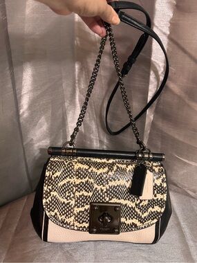 Coach  DSnake-Print Leather Shoulder Bag in Black and Cream